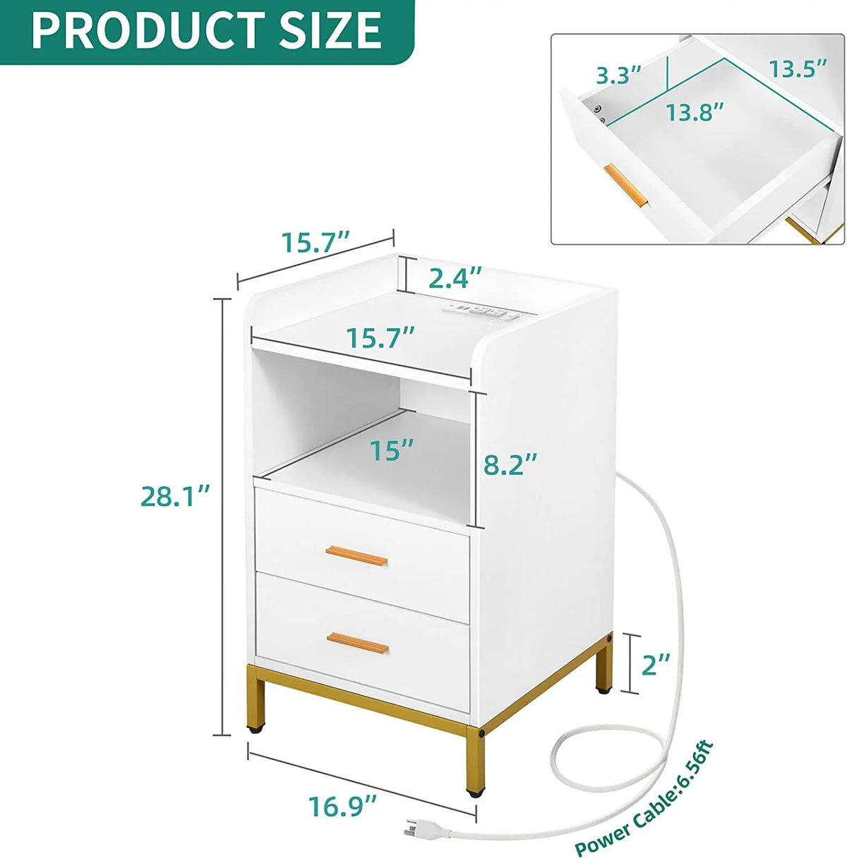 White Night Stand with 2 Drawers and Charging Station Q4457