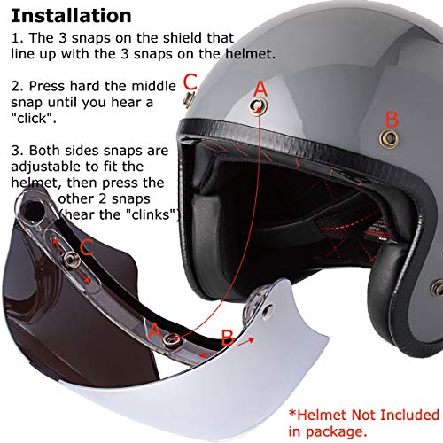 3-Snap Flip Up Visor Shield Lens for Retro Open Face Motorcycle Helmet (Clear) P2869