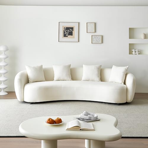 Curved Boucle Cream 4 Seater Sofa with 4 Throw Pillows I763977