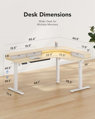 65″ L-Shaped Electric Height Adjustable Standing Desk with 3 Drawers P77542