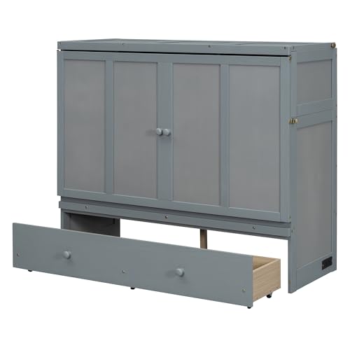 Espresso Wood Queen Size Murphy Bed with Drawers B725