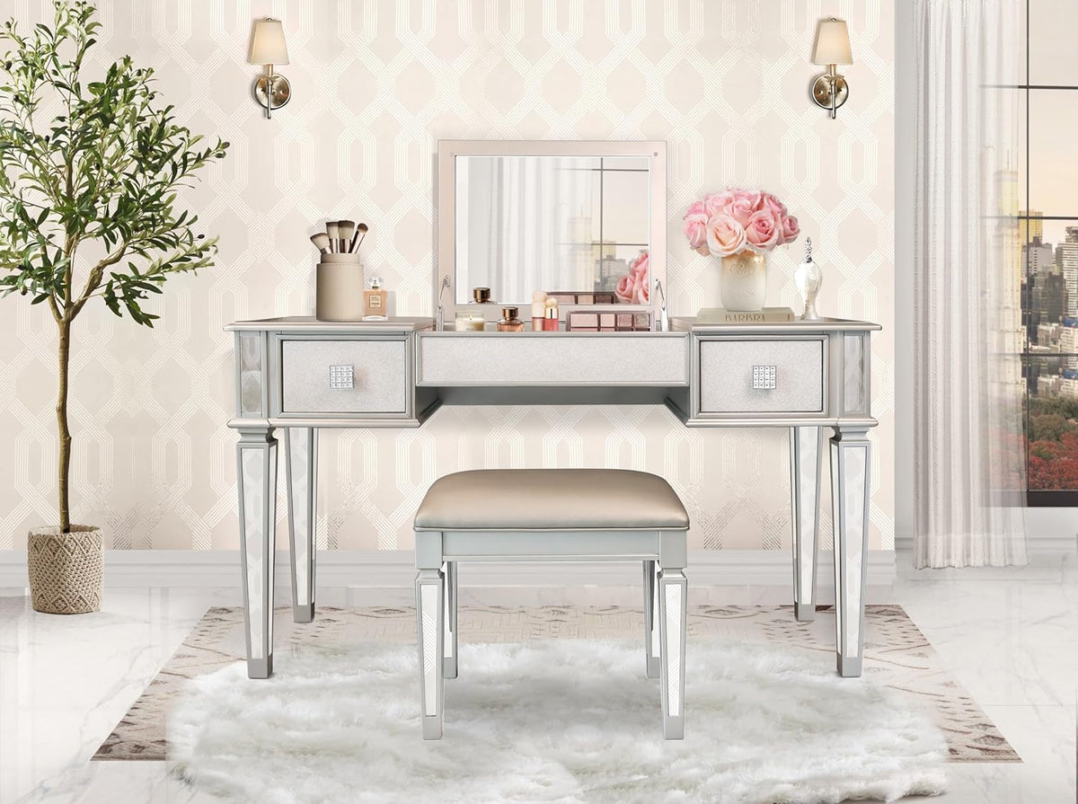 Mirrored Vanity Desk with Drawers and Stool A46472