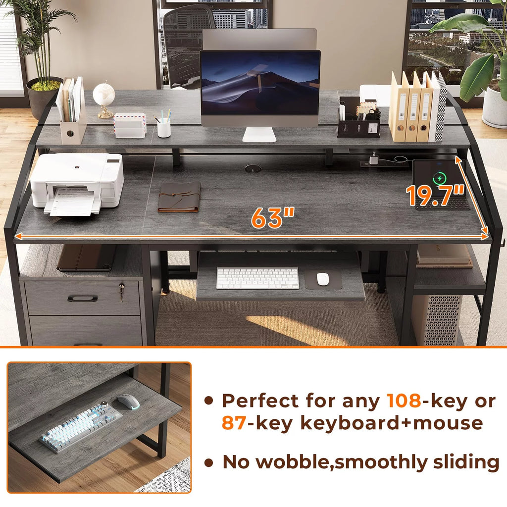 63" Gray Computer Desk with Lock Drawers Y8858