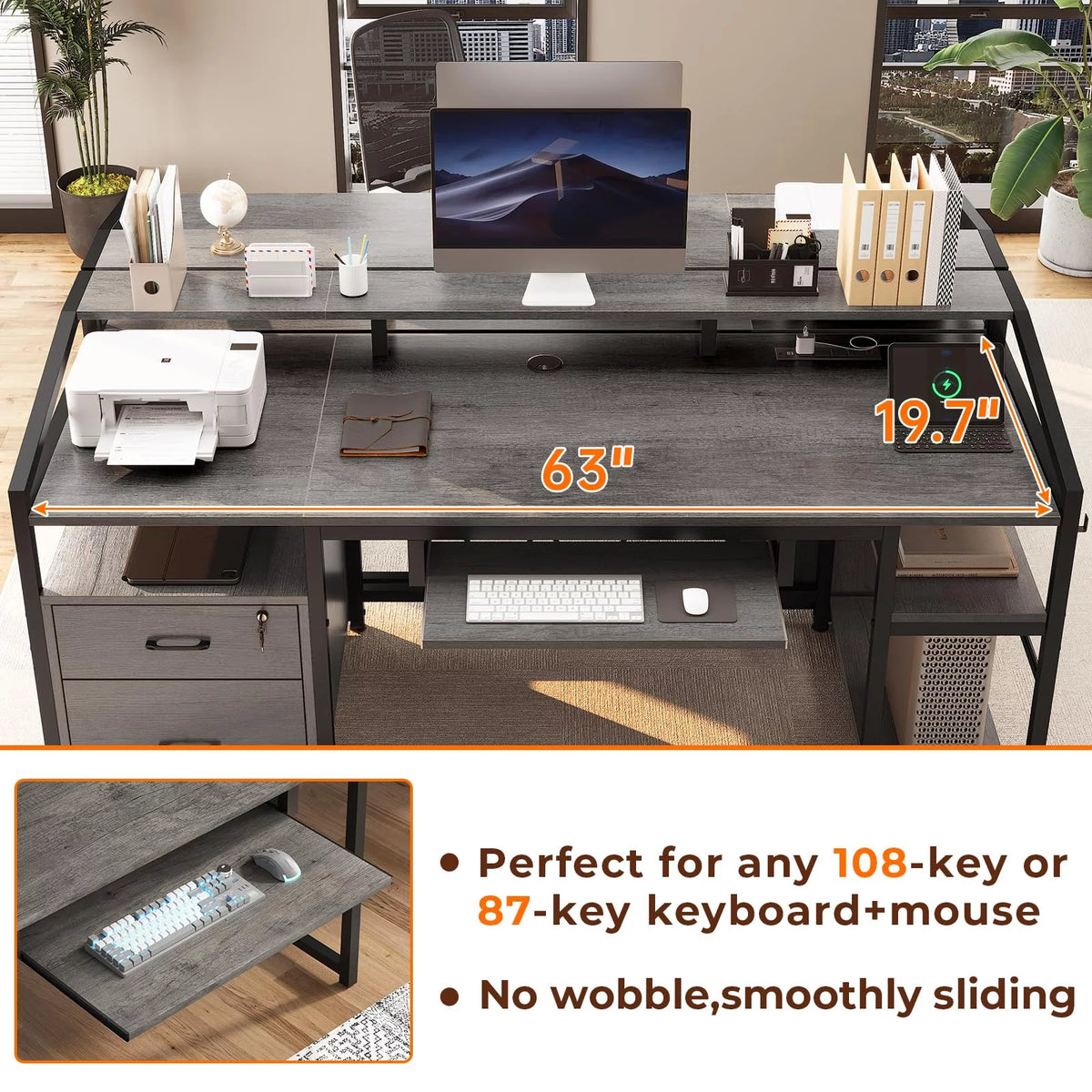 63" Gray Computer Desk with Lock Drawers Y8858