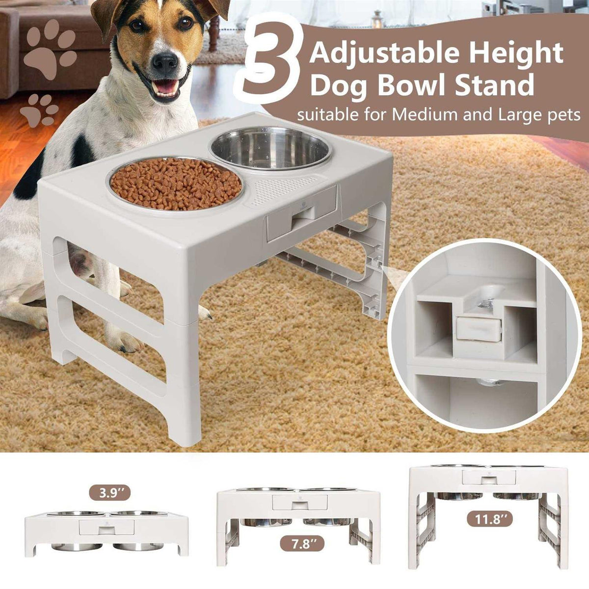 Stainless Steel Elevated Dog Bowls with Adjustable Stand V2183