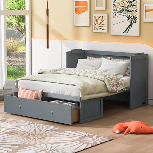 Espresso Wood Queen Size Murphy Bed with Drawers B725