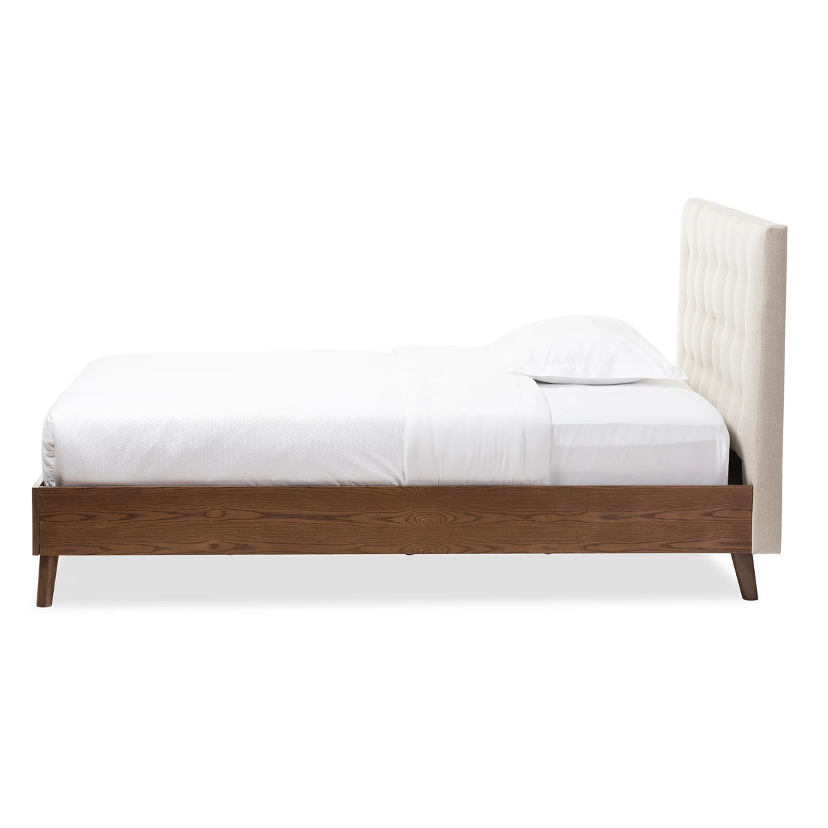 Mid-century Modern Fabric Upholstered Walnut Wood Platform Bed M175