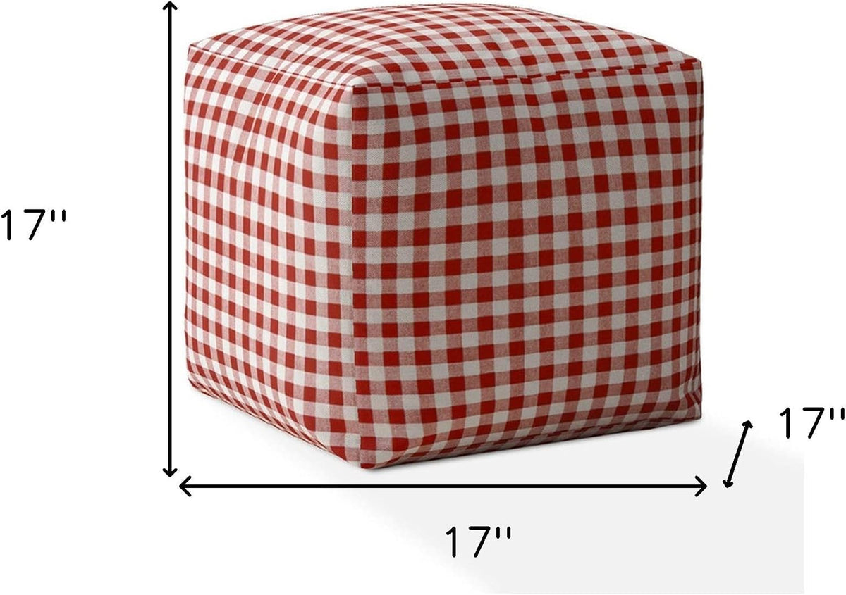 Red and White Cotton Gingham Pouf Ottoman Y1425