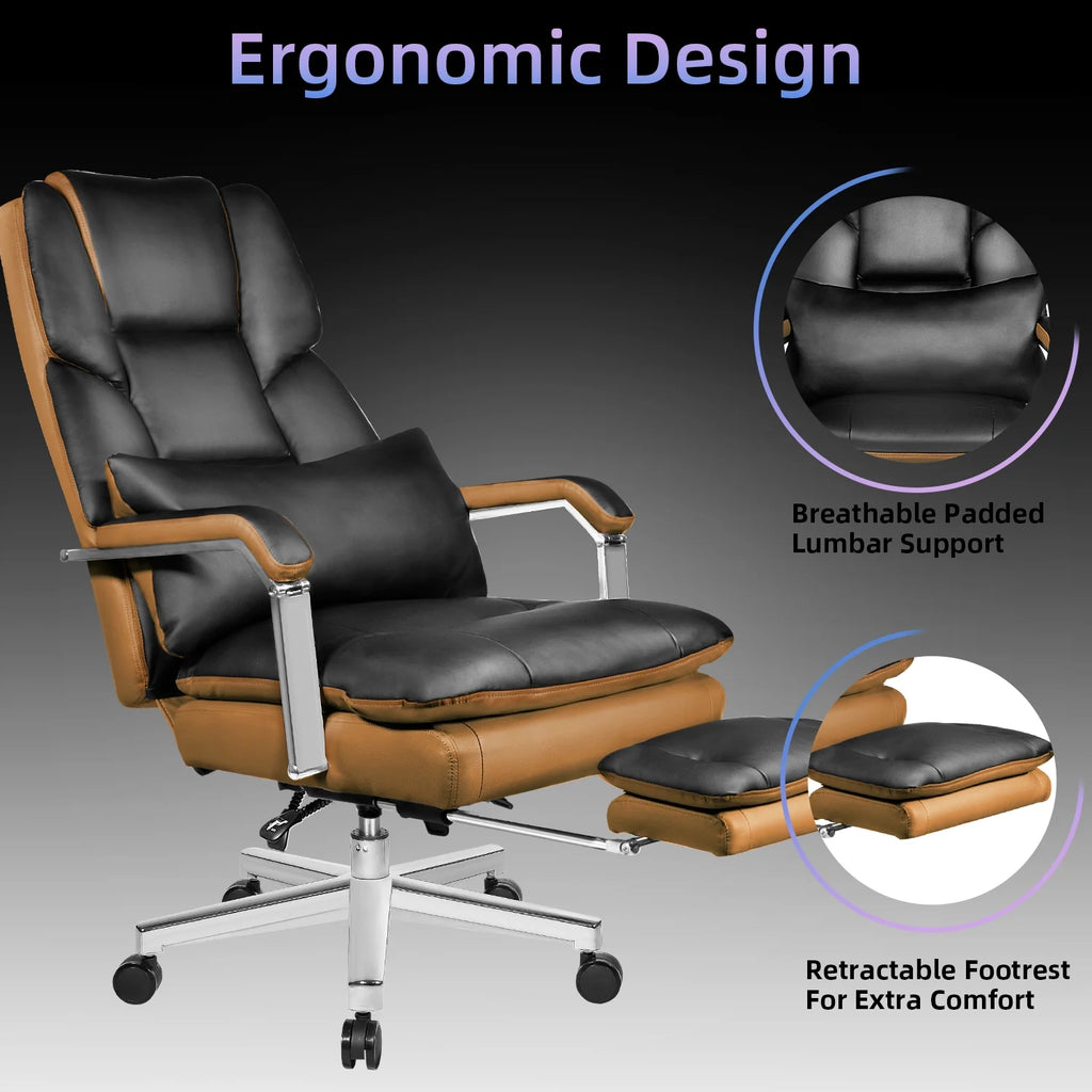Big and Tall Black PU Leather Ergonomic Reclining Office Chair with Footrest F17416