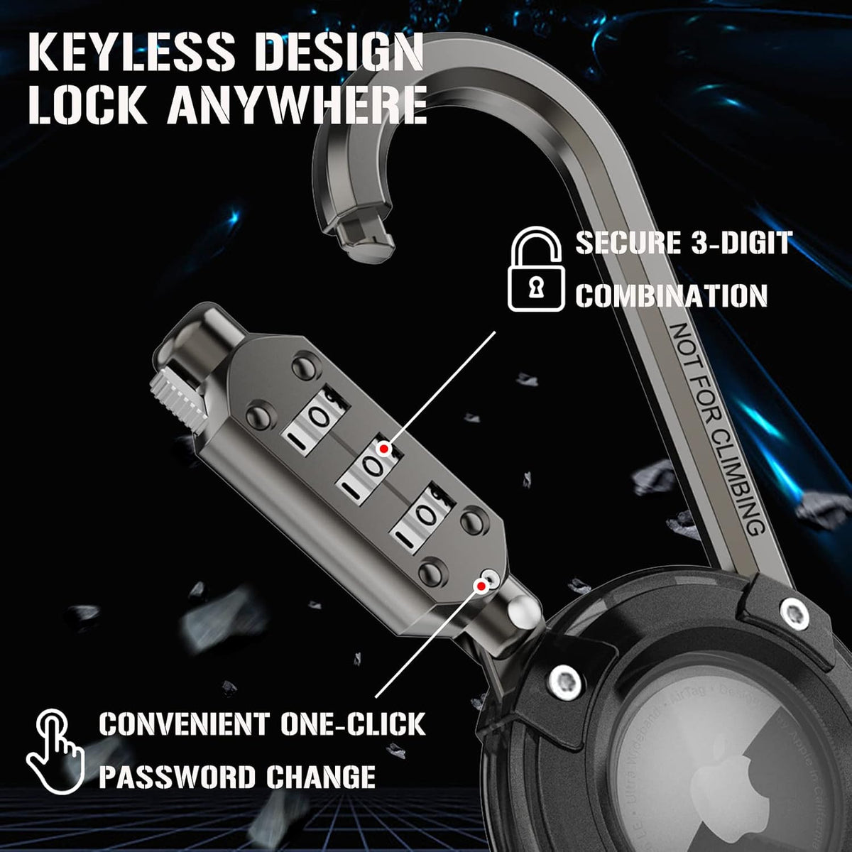 Airtag Holder with 3-Digit Combination Lock and Metal Carabiner V85235