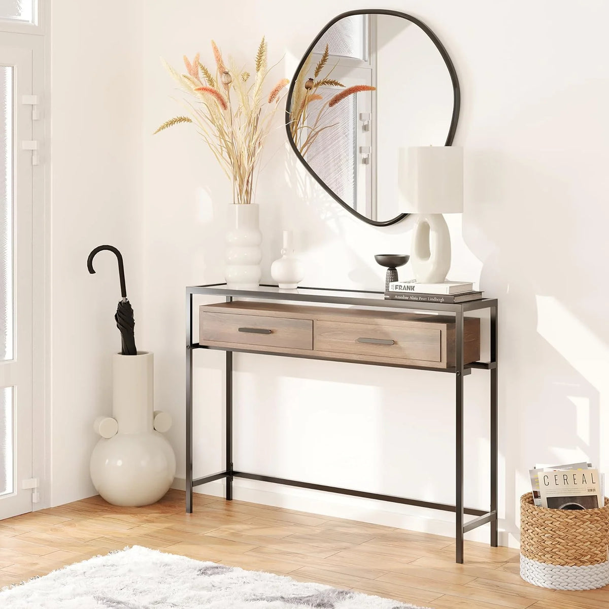 43 Inch Narrow Console Table with 2 Drawers Glass Top Z241017