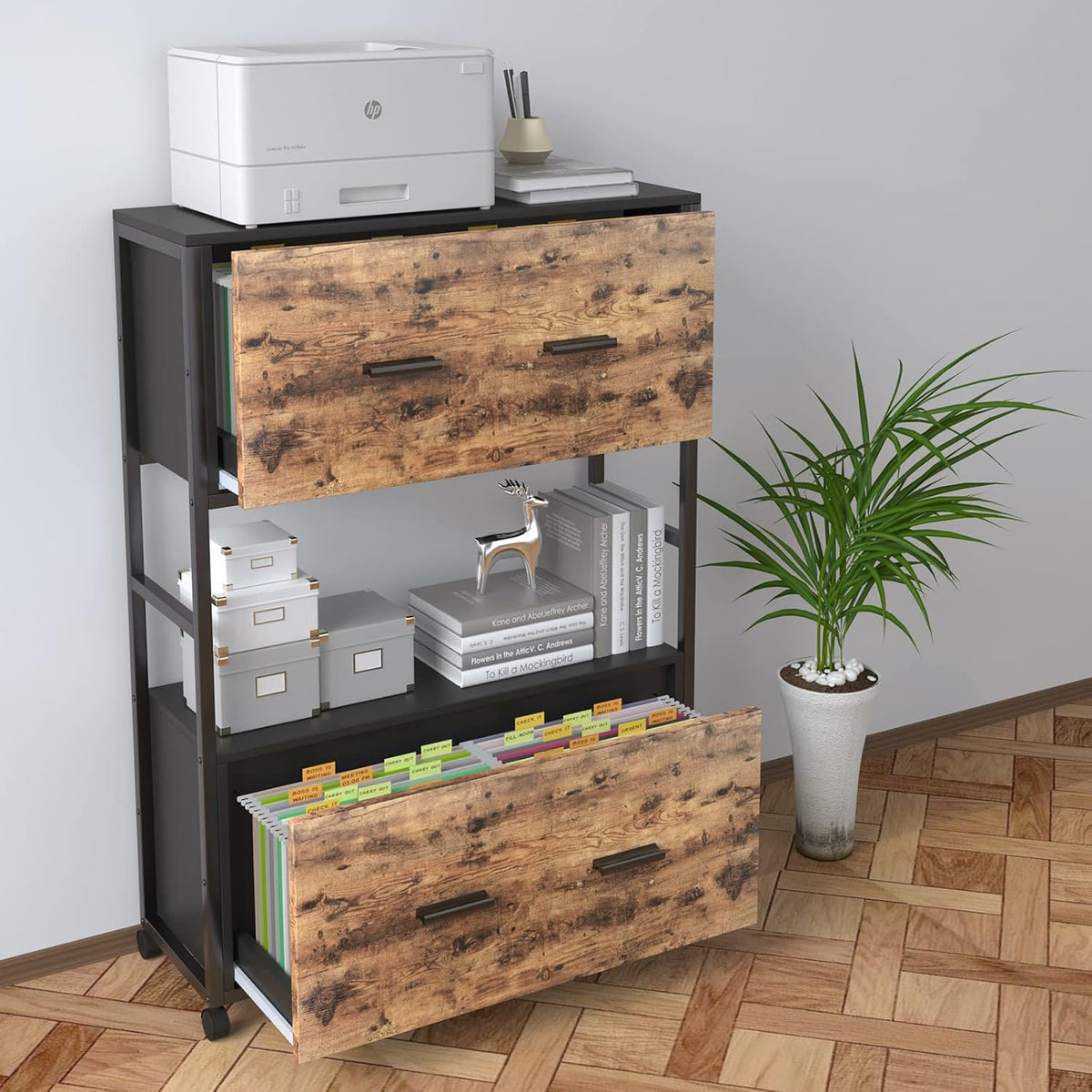 2 Drawer File Cabinet with Bookshelf, Rustic Brown D338186