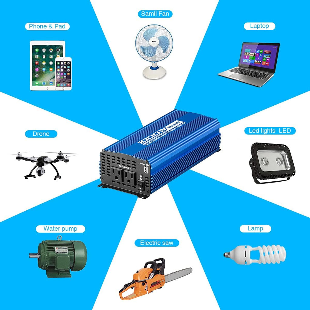 1000W Pure Sine Wave Inverter 12V to 110V with Dual AC Outlets U398516