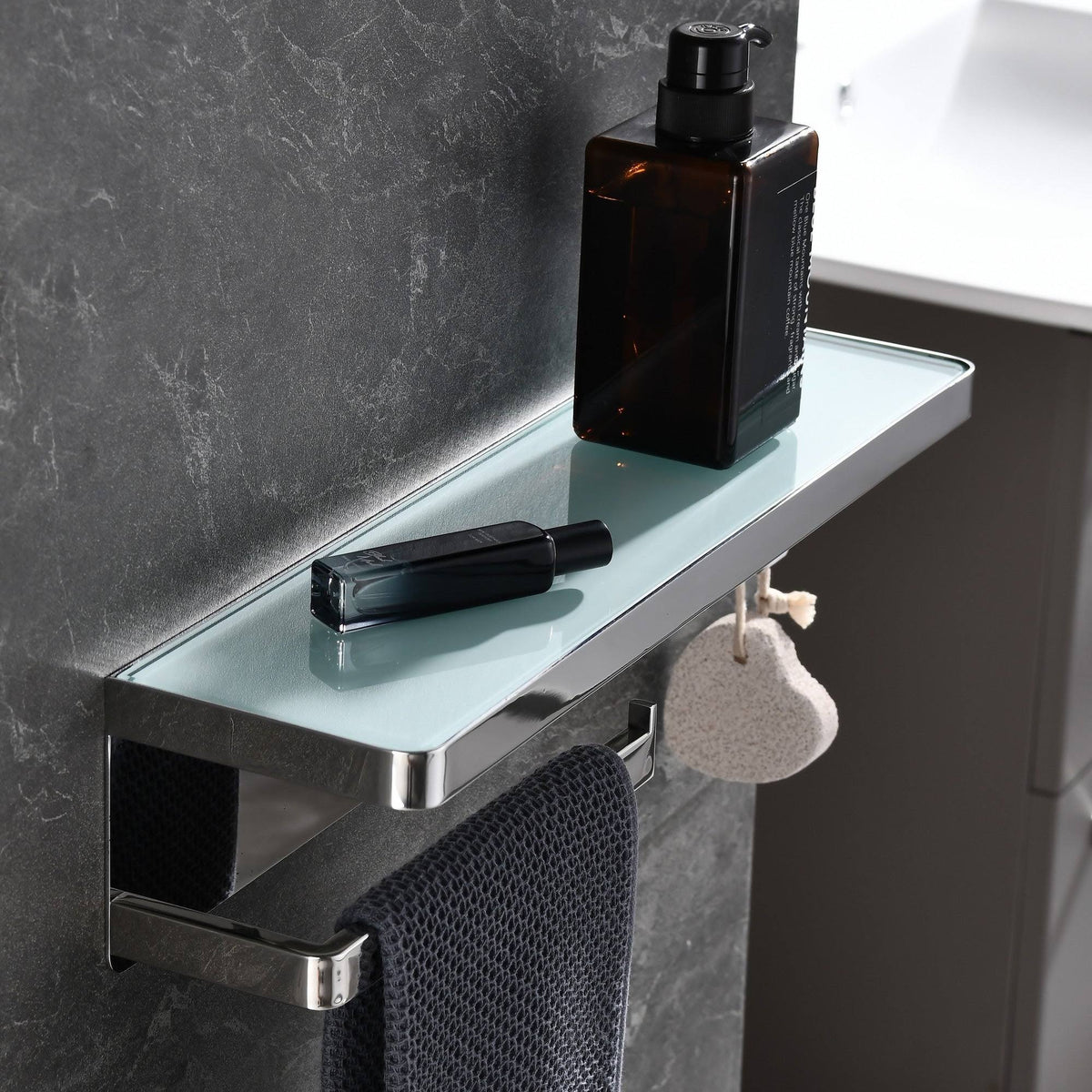 White Glass Shelf with Towel Bar & Robe Hook K48065