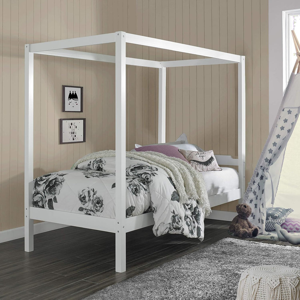 White Twin Size Wood Canopy Bed W7627