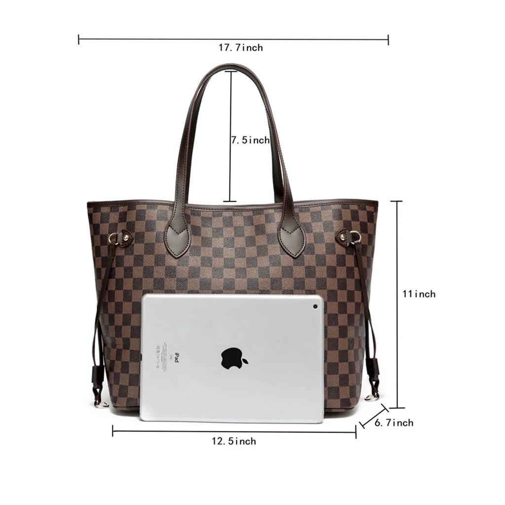 Checkered Tote Shoulder Bag Set with Wristlet Clutch N64541