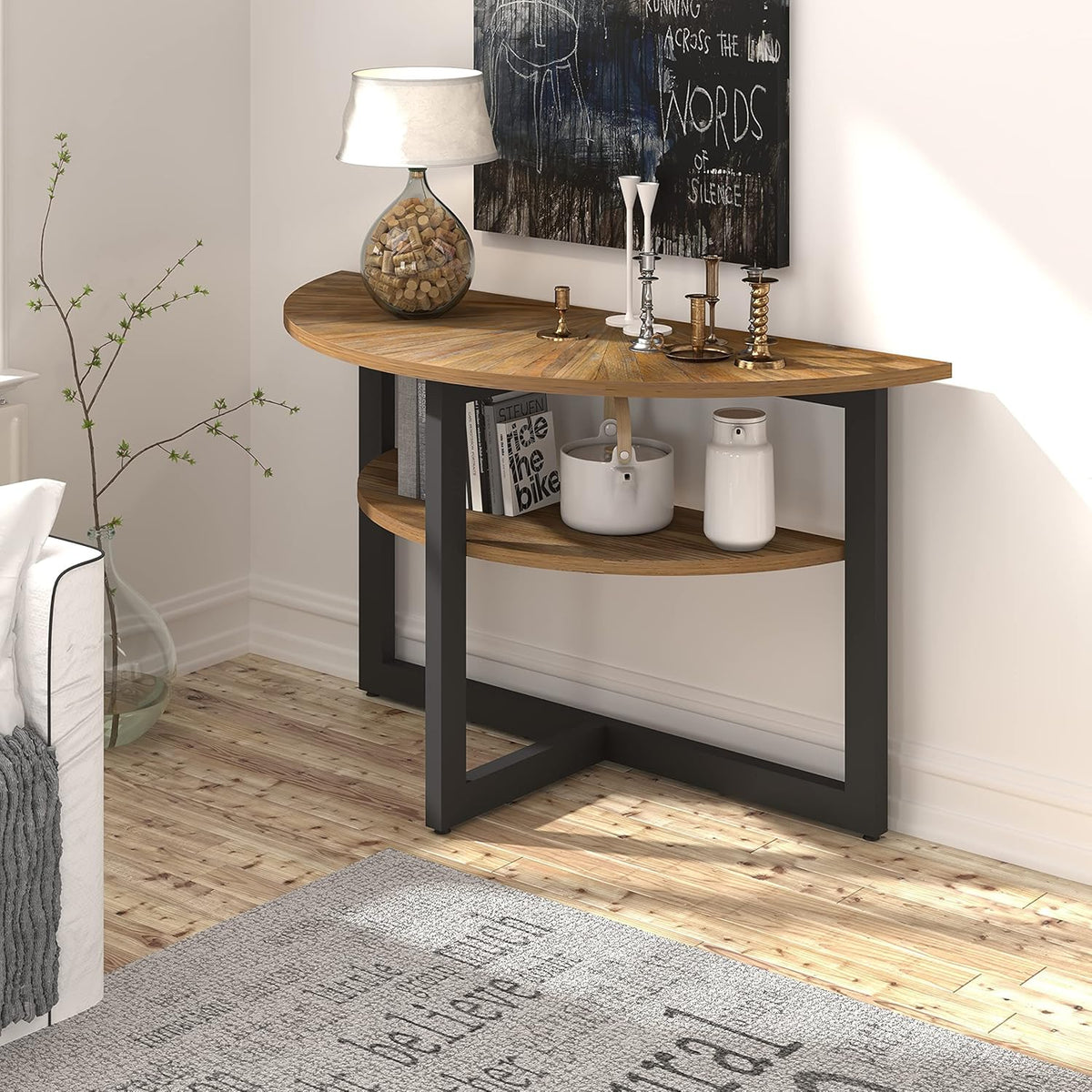 Round Coffee Table with Storage, Solid Wood, Black Metal Frame N780