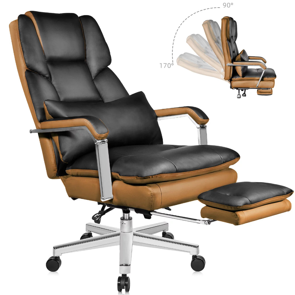Big and Tall Black PU Leather Ergonomic Reclining Office Chair with Footrest F17416