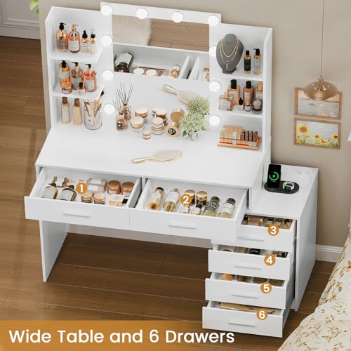 White Large Vanity Desk with LED Lighted Mirror & Power Outlet, 7 Drawers, 4 Shelves and 5 Hooks S595