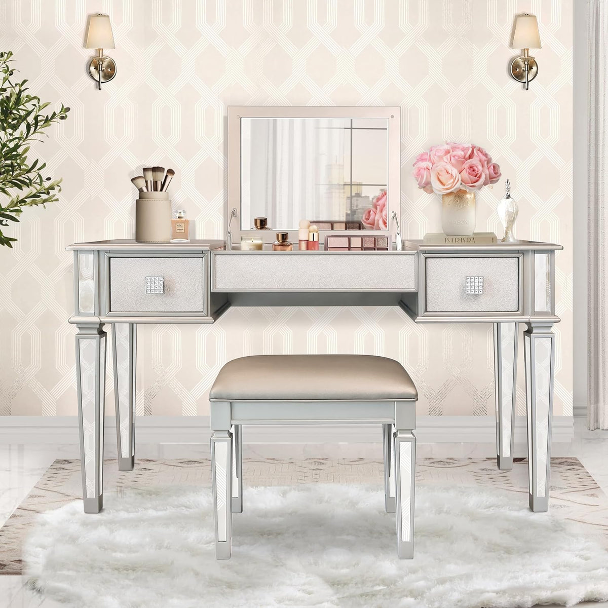 Mirrored Vanity Desk with Drawers and Stool A46472