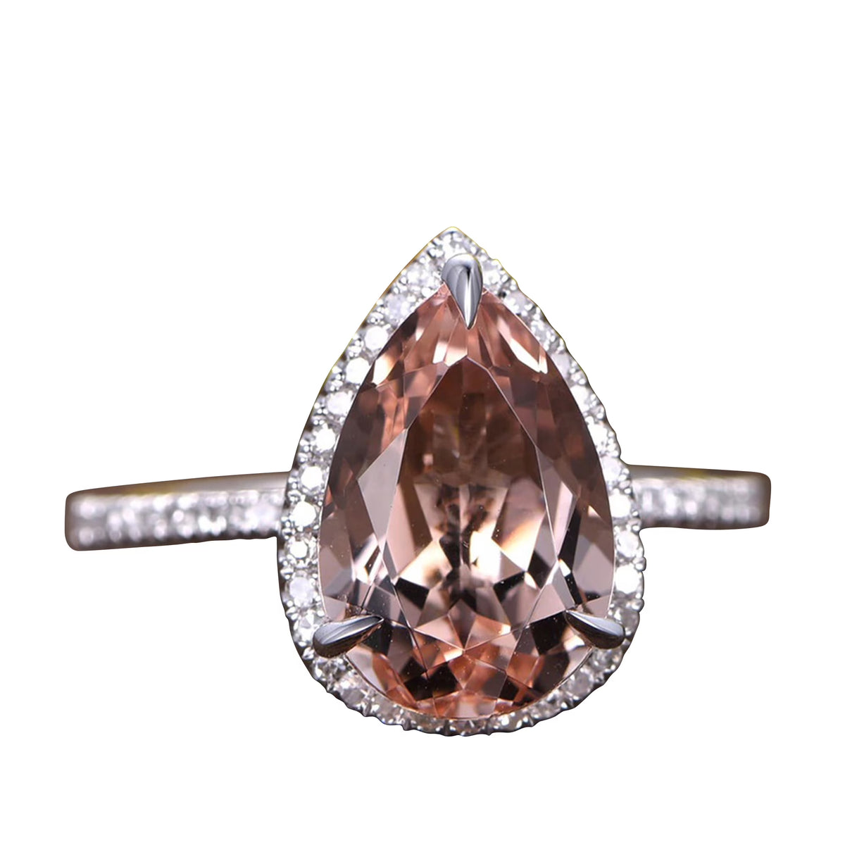 11x8mm Teardrop Pear Shape Morganite Engagement Ring 10k White Gold Diamond Moissanite Stacking Band O74454