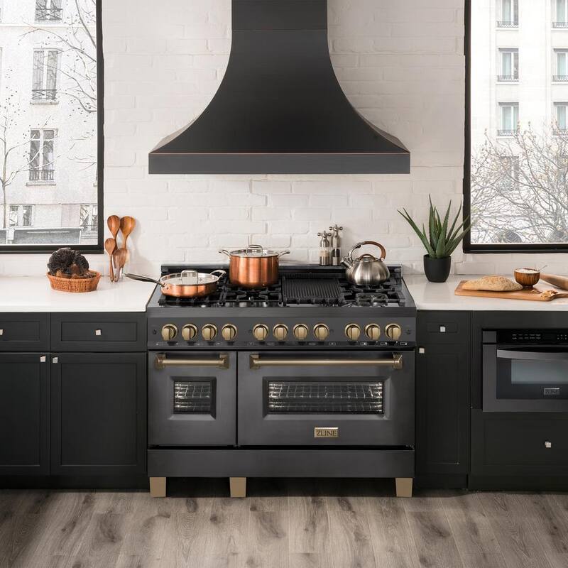 48 in. 7 Burner Double Oven Dual Fuel Range in Black Stainless Steel and Champagne Bronze D1858