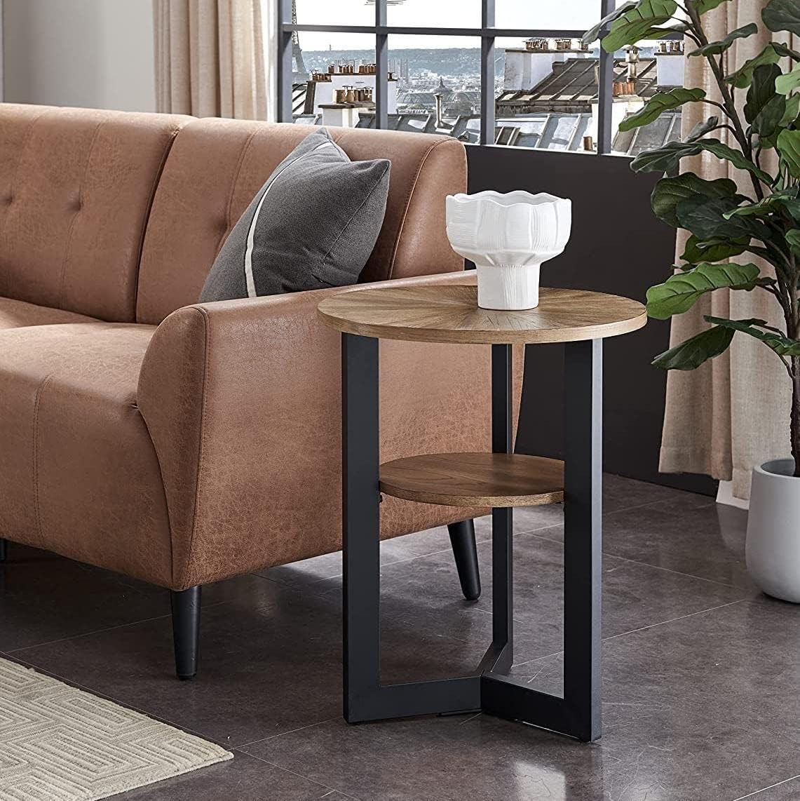 Round Coffee Table with Storage, Solid Wood, Black Metal Frame N780