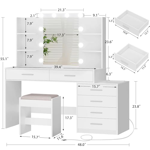White Large Vanity Desk with LED Lighted Mirror & Power Outlet, 7 Drawers, 4 Shelves and 5 Hooks S595