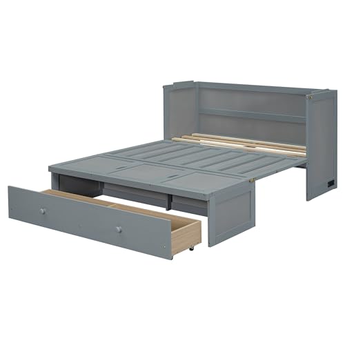 Espresso Wood Queen Size Murphy Bed with Drawers B725