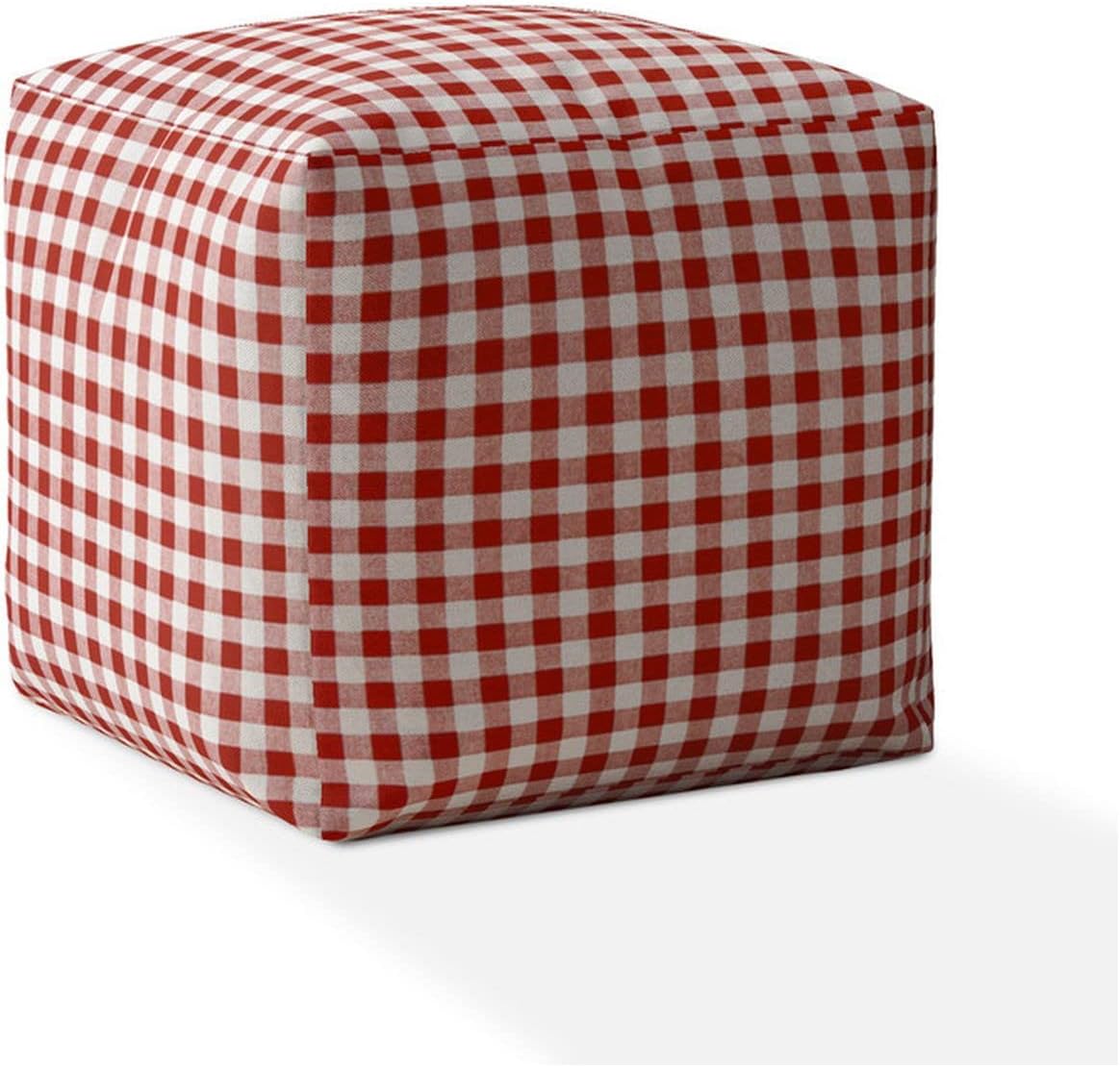 Red and White Cotton Gingham Pouf Ottoman Y1425