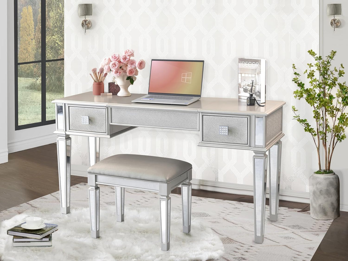 Mirrored Vanity Desk with Drawers and Stool A46472