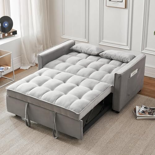 Beige Velvet Convertible Sleeper Sofa Bed N96421