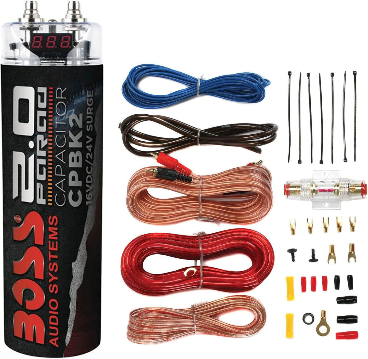 2 Farad Car Audio Power Capacitor and 8 Gauge Amplifier Installation Kit E78913