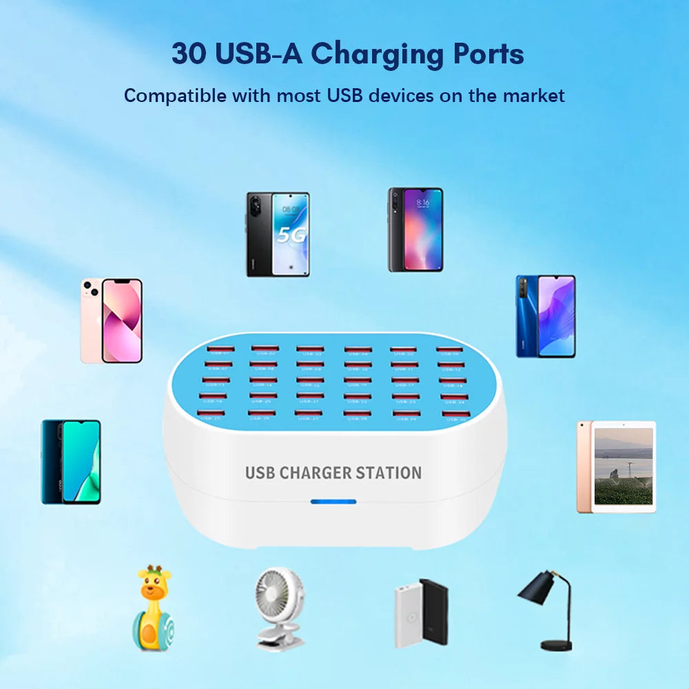 30-Port Desktop USB Charging Station Hub 32A/160W Power 5V 1A-2.4A Output D2800