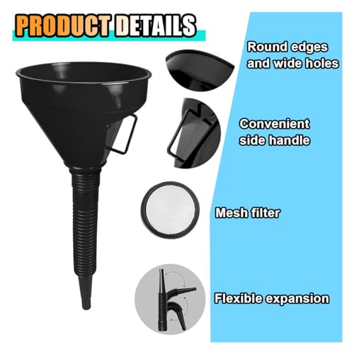 Wide Mouth Plastic Oil Funnel with Flexible Extension Nozzle and Mesh Screen Filter O4076