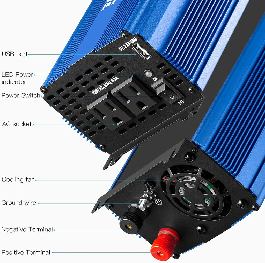 1000W Pure Sine Wave Inverter 12V to 110V with Dual AC Outlets U398516