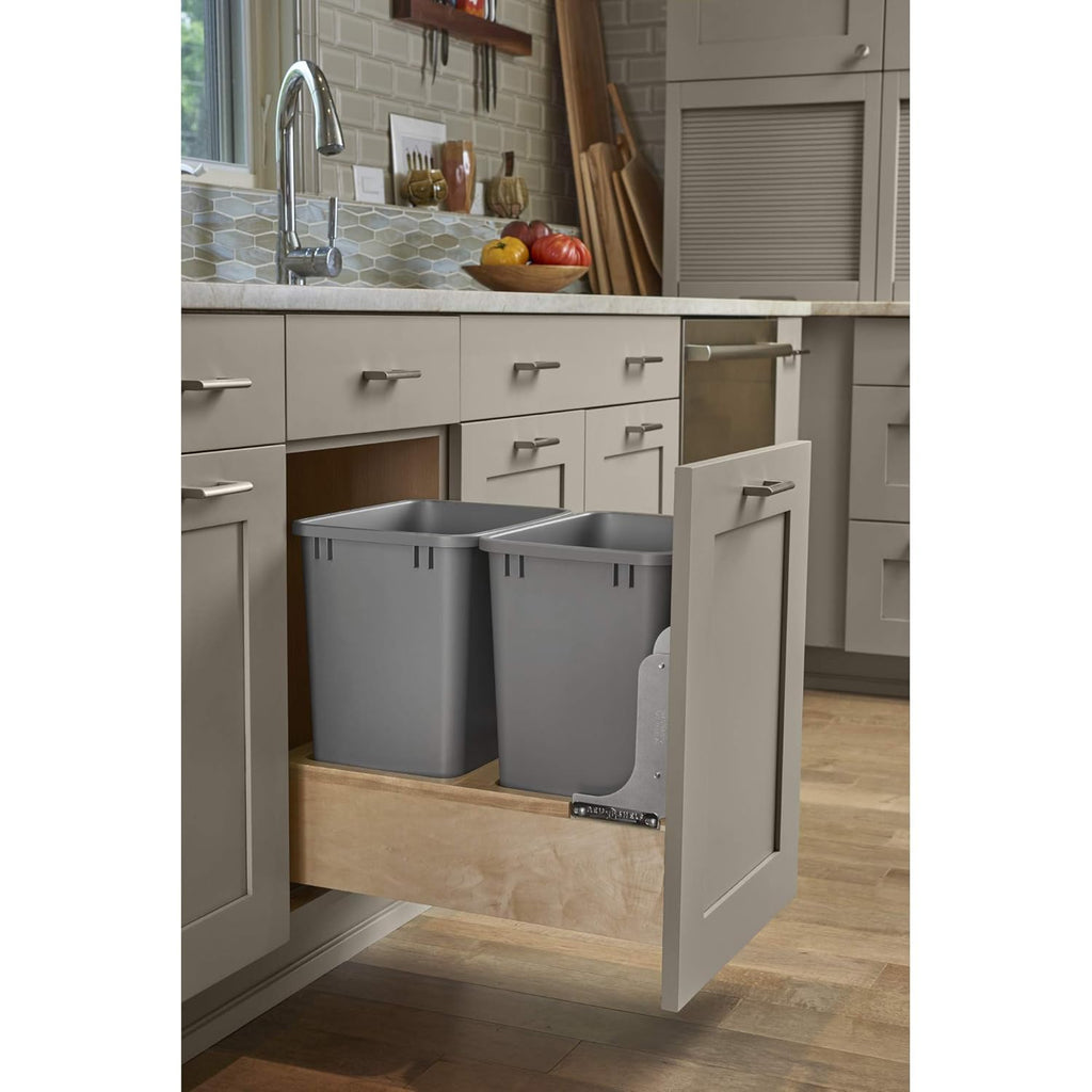 Double 35-Quart Maple Bottom Mount Pullout Waste Container Trash Cans A8392