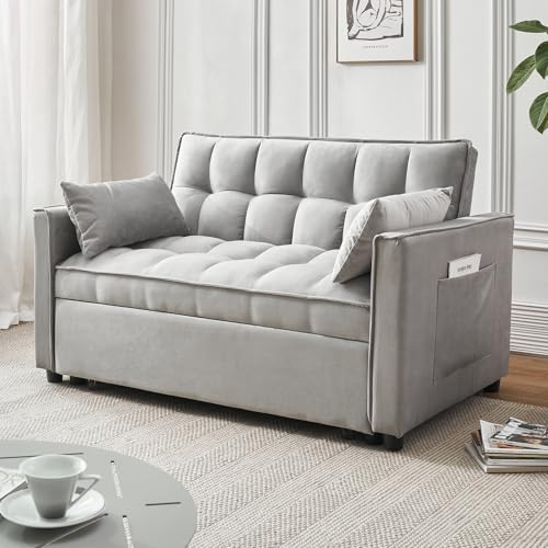 Beige Velvet Convertible Sleeper Sofa Bed N96421