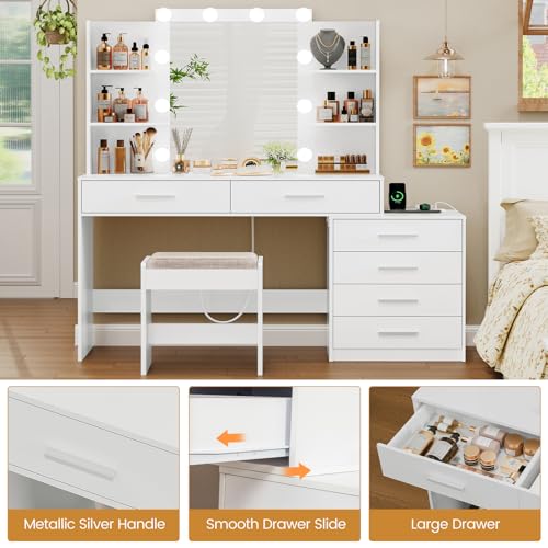 White Large Vanity Desk with LED Lighted Mirror & Power Outlet, 7 Drawers, 4 Shelves and 5 Hooks S595