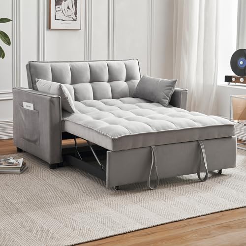 Beige Velvet Convertible Sleeper Sofa Bed N96421