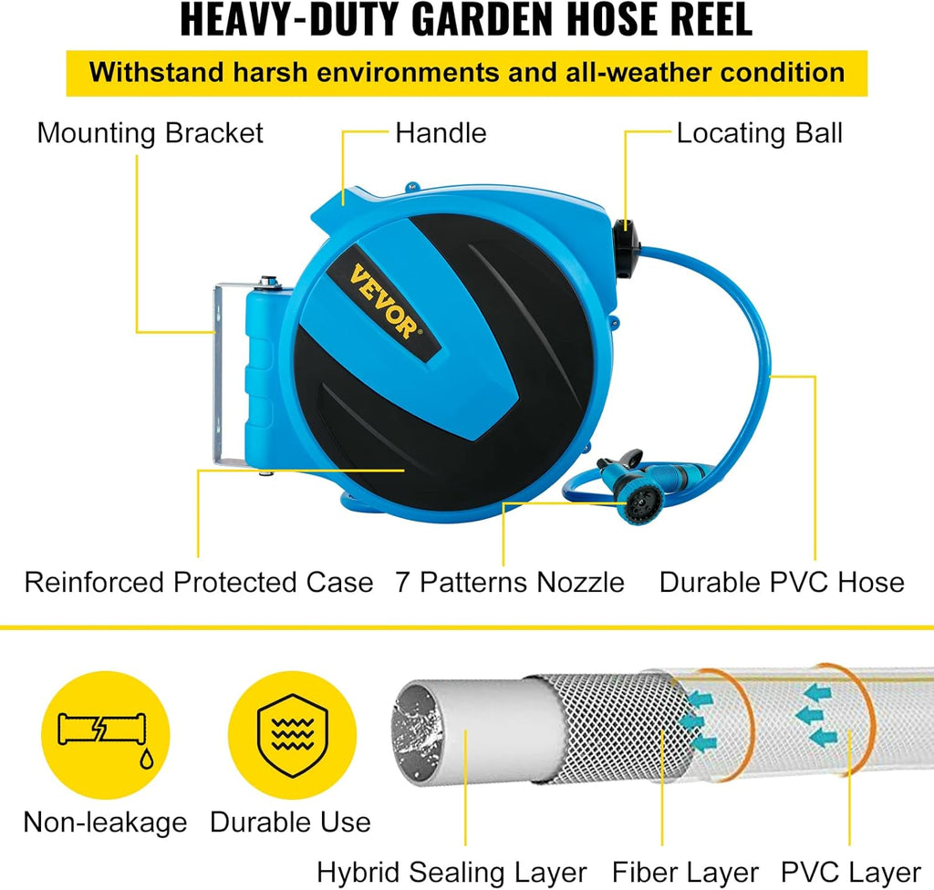 Retractable Wall Mounted Garden Hose Reel, 5/8 inch x 65 ft, Blue, Pack of 2 J2816