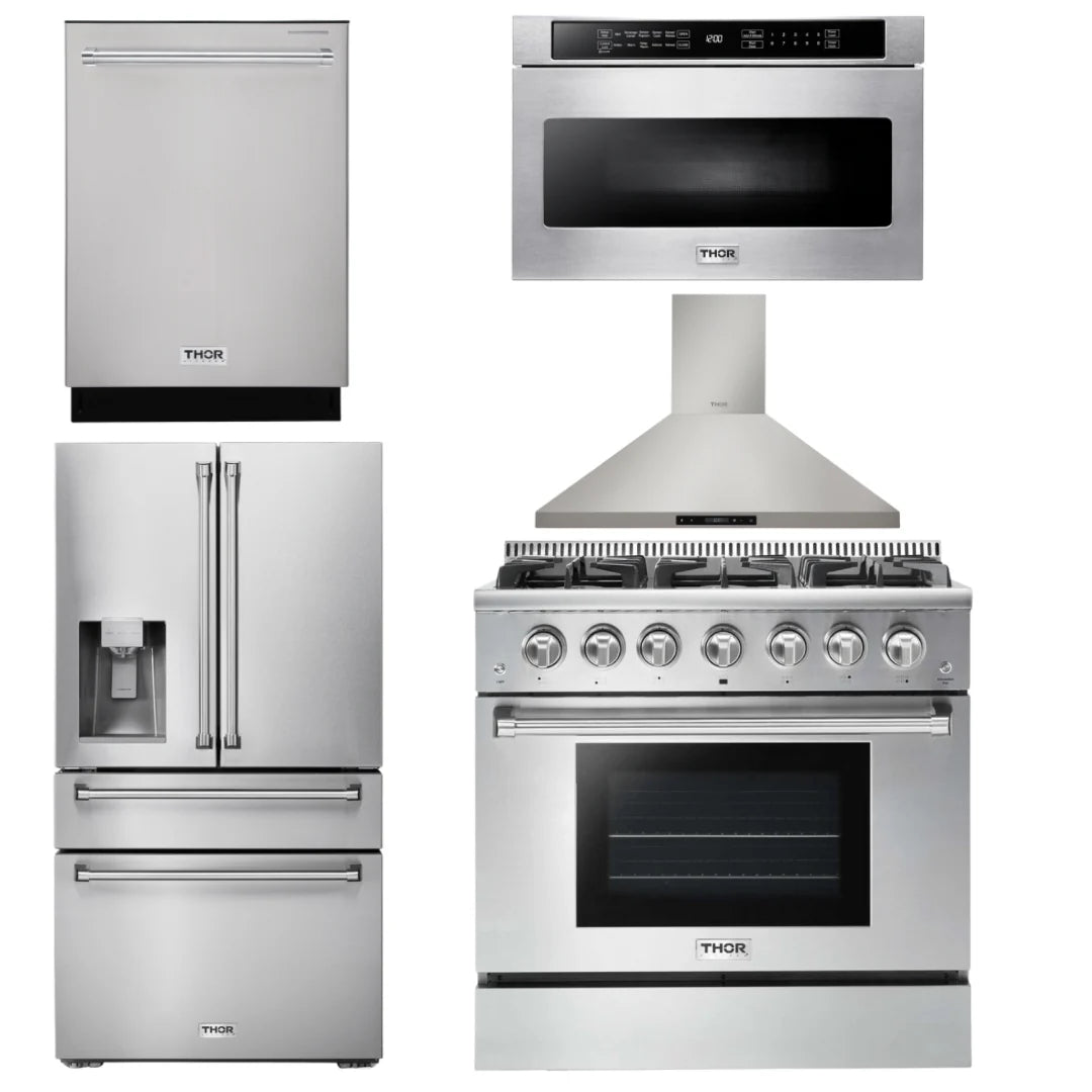 36 Gas Range, Range Hood, Microwave, Refrigerator, Dishwasher T446