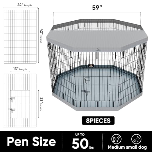 8 Panel Metal Dog Playpen with Grey Pad and Top Cover B223
