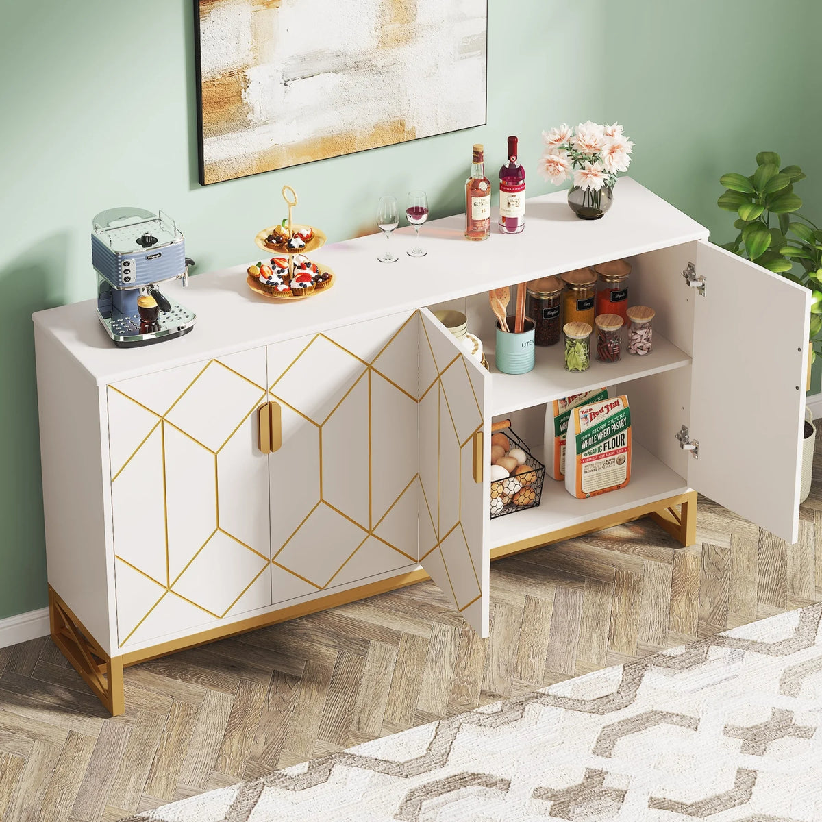 White Gold Buffet Cabinet with Storage T6268