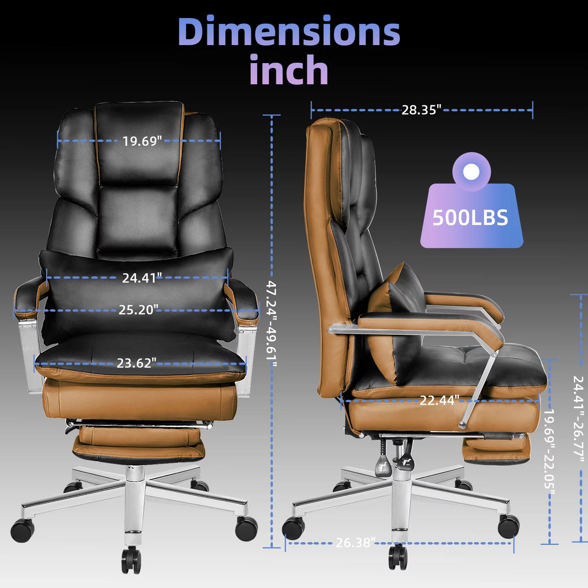 Big and Tall Black PU Leather Ergonomic Reclining Office Chair with Footrest F17416