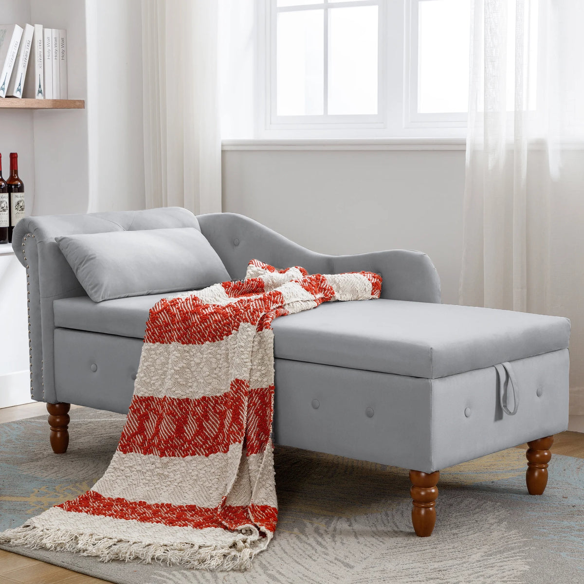 Grey Velvet Chaise Lounge with Storage & Pillow A114741