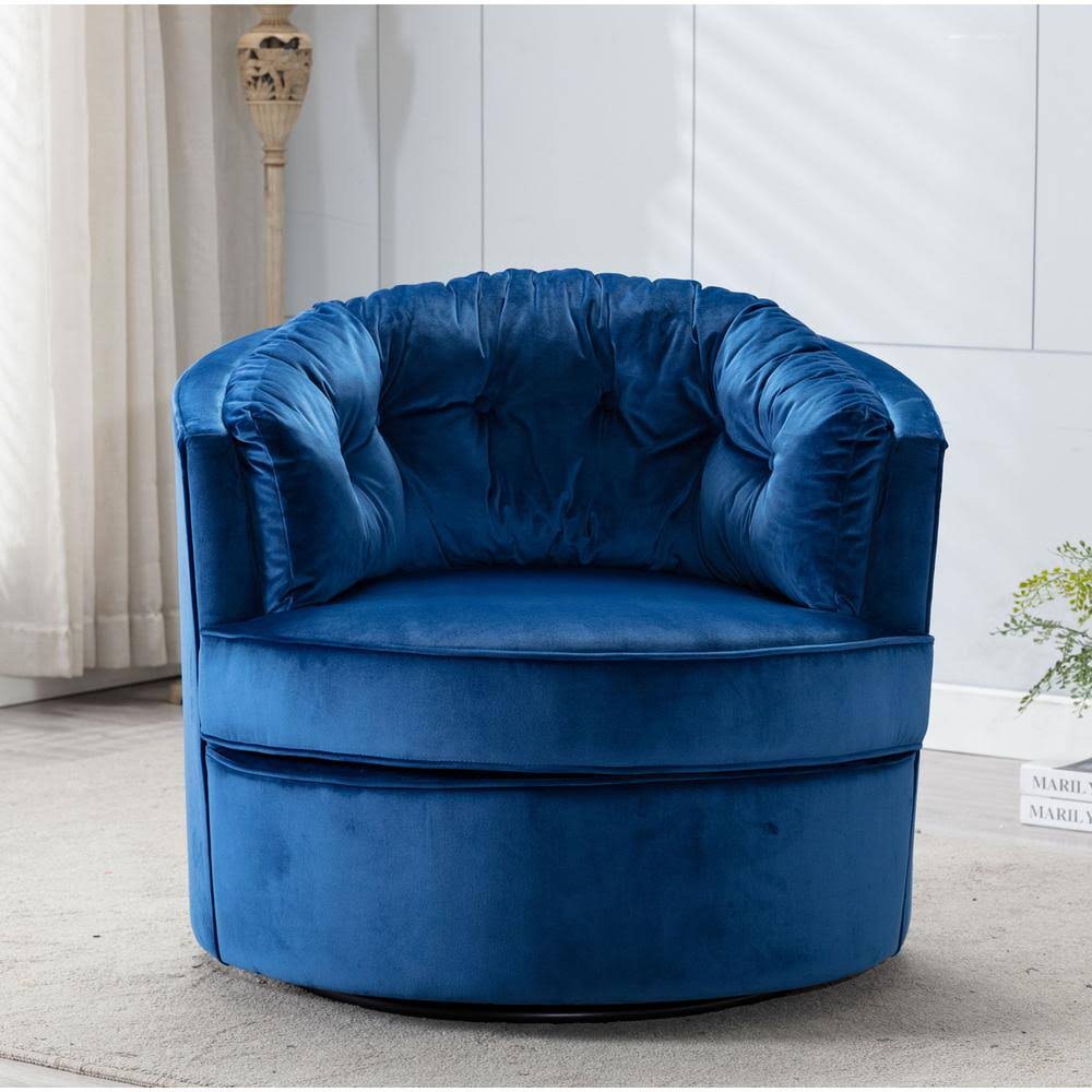 Blue Tufted Swivel Accent Barrel Chair with Casters E372