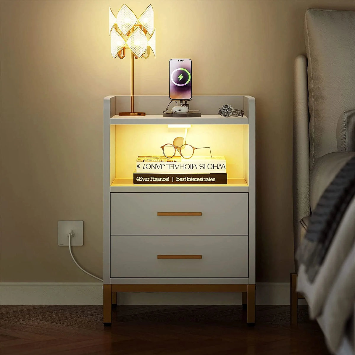 White Night Stand with 2 Drawers and Charging Station Q4457