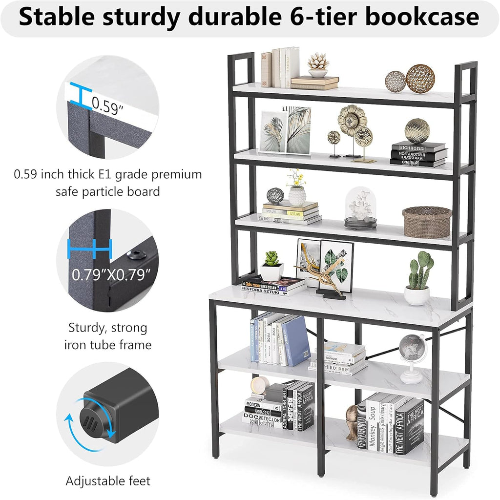 6-Tier Open Tall Bookcase with Iron Tube Frame (White) Y967