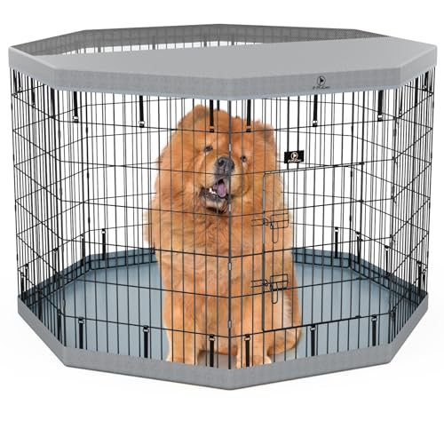 8 Panel Metal Dog Playpen with Grey Pad and Top Cover B223
